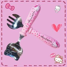 hello kitty utensils and spoons on a pink background