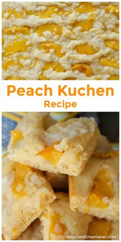 peach kuchen recipe with oranges on top and in the background, there are pictures of