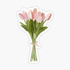 a bouquet of pink tulips tied to a sticker