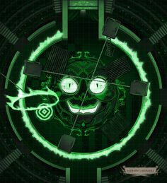 an animated image of a creepy face in the center of a circle with neon green lights