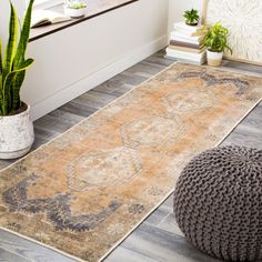 a living room with a large rug on the floor and potted plants next to it