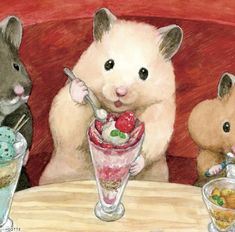 three little hamsters eating ice cream and muffins at a table with two other animals