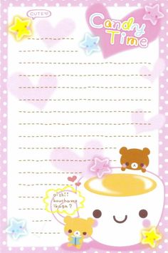 a pink and white stationery with teddy bears on the top, coffee cup in the middle