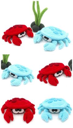 four crocheted crabs are shown in different colors