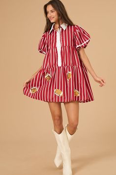 This striped puff sleeve dress is the perfect blend of sporty and sweet. With its playful details and comfortable fit, you'll be cheering on your team in style. This dress is game day glam, redefined. Football Day Outfit, Summer Dress With Striped Collar And Short Sleeves, Casual Mini Dress With Striped Hem, Preppy Striped Cotton Dress, Casual Summer Dress With Striped Sleeves, Cotton Short Sleeve Dress With Striped Collar, Retro Striped Mini Dress, Trendy Striped Short Sleeve Dress, Spring Cotton Dresses With Striped Sleeves