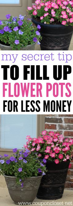 three flower pots with flowers in them and the words, my secret tip to fill up flower pots for less money