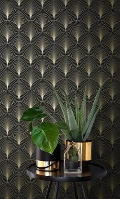 two potted plants sitting on top of a table next to a black wallpaper