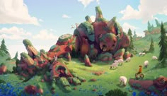 an animated landscape with sheep and trees