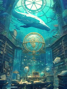 an underwater library with many bookshelves and various items