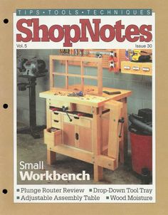 the front cover of a woodworking magazine with an image of a workbench