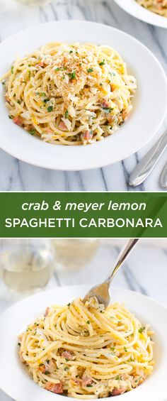 two white plates with spaghetti on them and the words crab & never lemon spaghetti carbonara