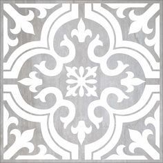 a gray and white tile with an ornate design on the bottom half, in grey and white