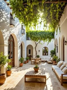 an outdoor living area with couches, tables and potted plants