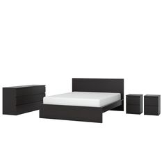 a bed with two nightstands and a night stand next to each other on a white background