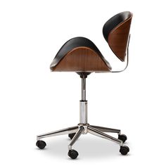 an office chair with wheels and a wooden seat