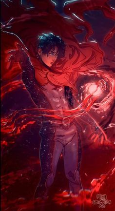 an anime character standing in front of a red background with swirls and lines around him