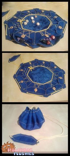 three images show the inside of a blue bag with buttons and beads on it, along with instructions for how to sew