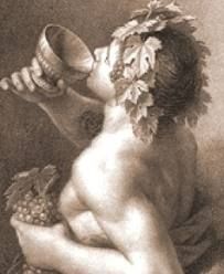 a drawing of a naked man drinking from a wine glass with grapes in his hand