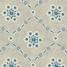 a blue and white flowered pattern on a gray background, with small flowers in the center