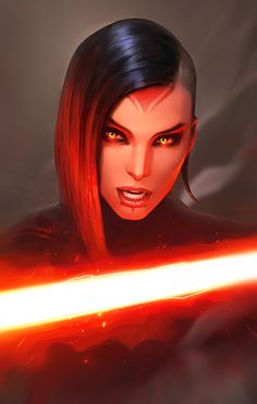 a woman with red hair and orange eyes holding a light saber in her right hand