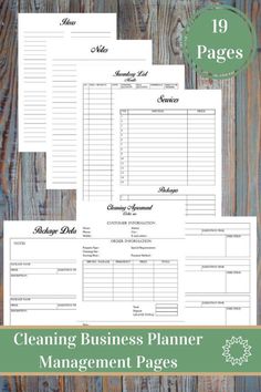 cleaning business planner printables with the title'19 pages'in green and white