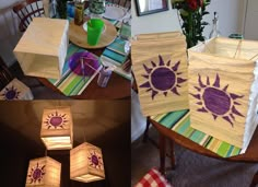 several pictures of different items made out of wood and paper with sun designs on them