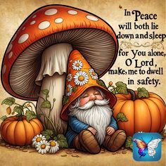 an image of a gnome sitting in front of a mushroom with flowers and butterflies on it