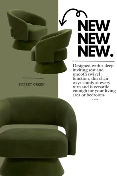 an advertisement for the new furniture line, featuring green chairs and footstools with text describing