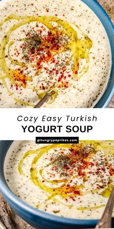 turkish yogurt soup in a blue bowl Lebanese Yogurt Soup, Turkish Soups, Turkish Soup, Hungry Paprikas, Turkish Dinner, Turkish Yogurt, Yogurt Soup, Ramadan Recipes Iftar