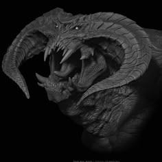 a black and white photo of a dragon with its mouth open