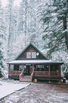 a cabin in the woods with snow on the ground and stairs leading up to it