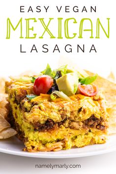 mexican lasagna on a plate with tortilla chips