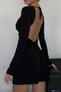 Black Backless Dress Short, Backless Dress Casual, Backless Short Dress, Solid Dress Casual, Backless Dress Short, Streetwear Dress, Black Backless Dress, Long Sleeve Casual Dress