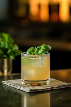 a glass filled with liquid sitting on top of a table next to a potted plant