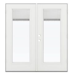 a white double door with blinds on the top and side panels, in front of a white background