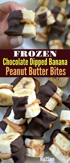 chocolate dipped banana peanut butter bites on a white plate with the title in the middle