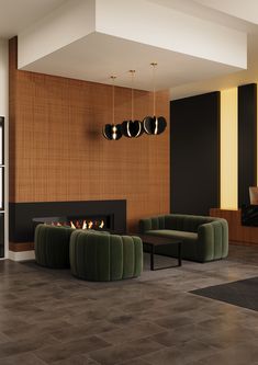 a living room filled with furniture and a fire place in the middle of it's wall