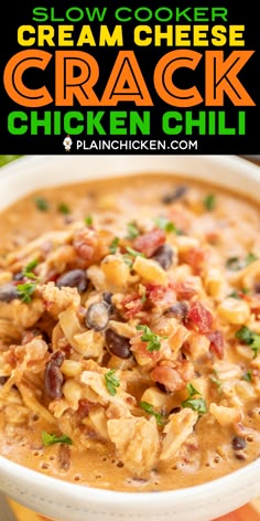 Slow Cooker Cream Cheese Crack Chicken Chili - this stuff is AMAZING! We've made it 3 times this month! We can't get enough of it!!! Chicken, corn, black beans, chicken broth, diced tomatoes and green chiles, cumin, chili powder, onion, ranch seasoning, bacon and cheddar cheese. We served the chili with some cornbread and Fritos. PERFECT! This is already on the menu again this weekend! YUM! #crockpot #slowcooker #chicken #chili Chicken Corn, Green Chiles, Chicken Chili Recipe, Crockpot Dishes, Diced Tomatoes, Ranch Seasoning, Chicken Chili, Idee Pasto Sano