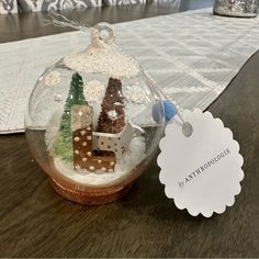 a glass ornament with small houses in it