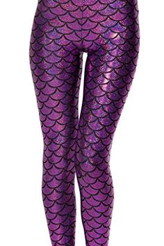 the purple mermaid leggings are made from shiny fabric and have fish scales on them