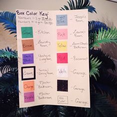 a box color key chart on top of a plant