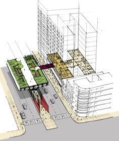 an architectural drawing of a city street with buildings and trees on the side of it