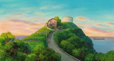 a painting of a house on top of a hill