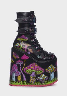 Current Mood Mushroom Print Double Stacked Platform Boots - Black/Multi – Dolls Kill 90s Platform Shoes, Goth Shoes, Grunge Clothing, Print Boots, Lace Up Leggings, Cute Shoes Heels, Mushroom Print, Clothing Design Sketches, Black Platform Boots