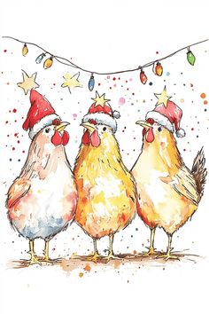 Christmas Watercolor Painting Funny Christmas Watercolor, December Watercolor, Watercolor Christmas Paintings, Xmas Card Ideas, Watercolor Chickens, Fun Art Projects