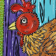 an acrylic painting of a rooster on a purple and green background with polka dots