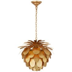 a chandelier hanging from a chain with pine cones on it