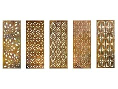 four panels with different designs on them, each painted green and gold in the same color