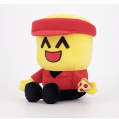 a yellow stuffed toy with a red hat and eye patch holding a slice of pizza