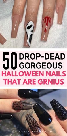 Spooky Halloween Nails, Nail Art Halloween, Holloween Nails, Halloween Nails Easy, Halloween Acrylic Nails, Cute Halloween Nails, Fall Acrylic Nails, Nails Diy